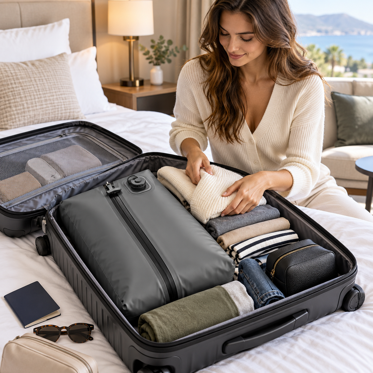 Traveler packing a vacuum compression bag inside an open suitcase